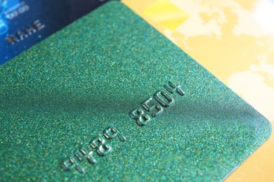 Many plastic credit cards as background, closeup