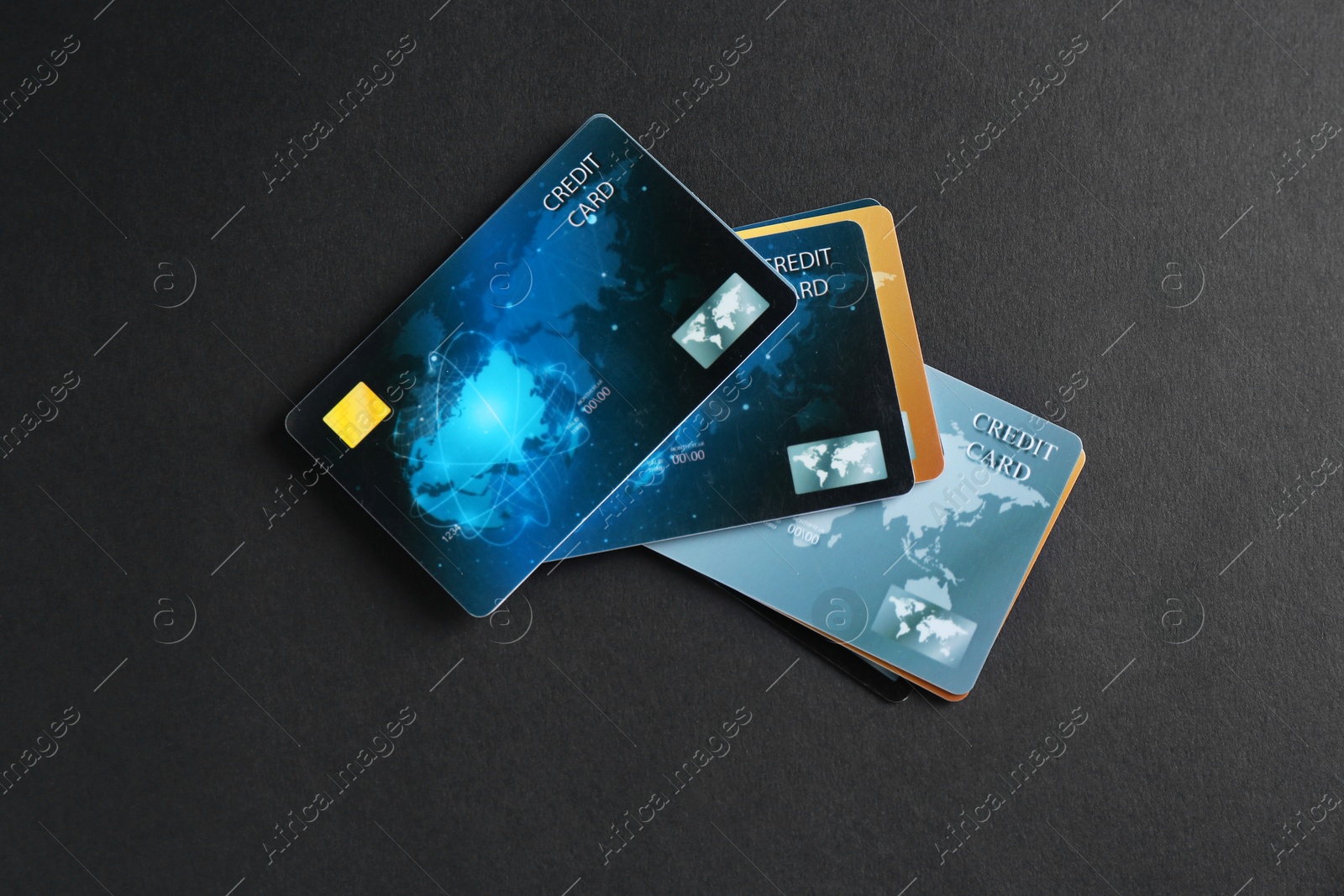 Photo of Many credit cards on grey table, flat lay