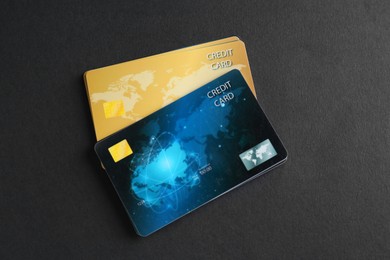 Photo of Many credit cards on grey table, flat lay