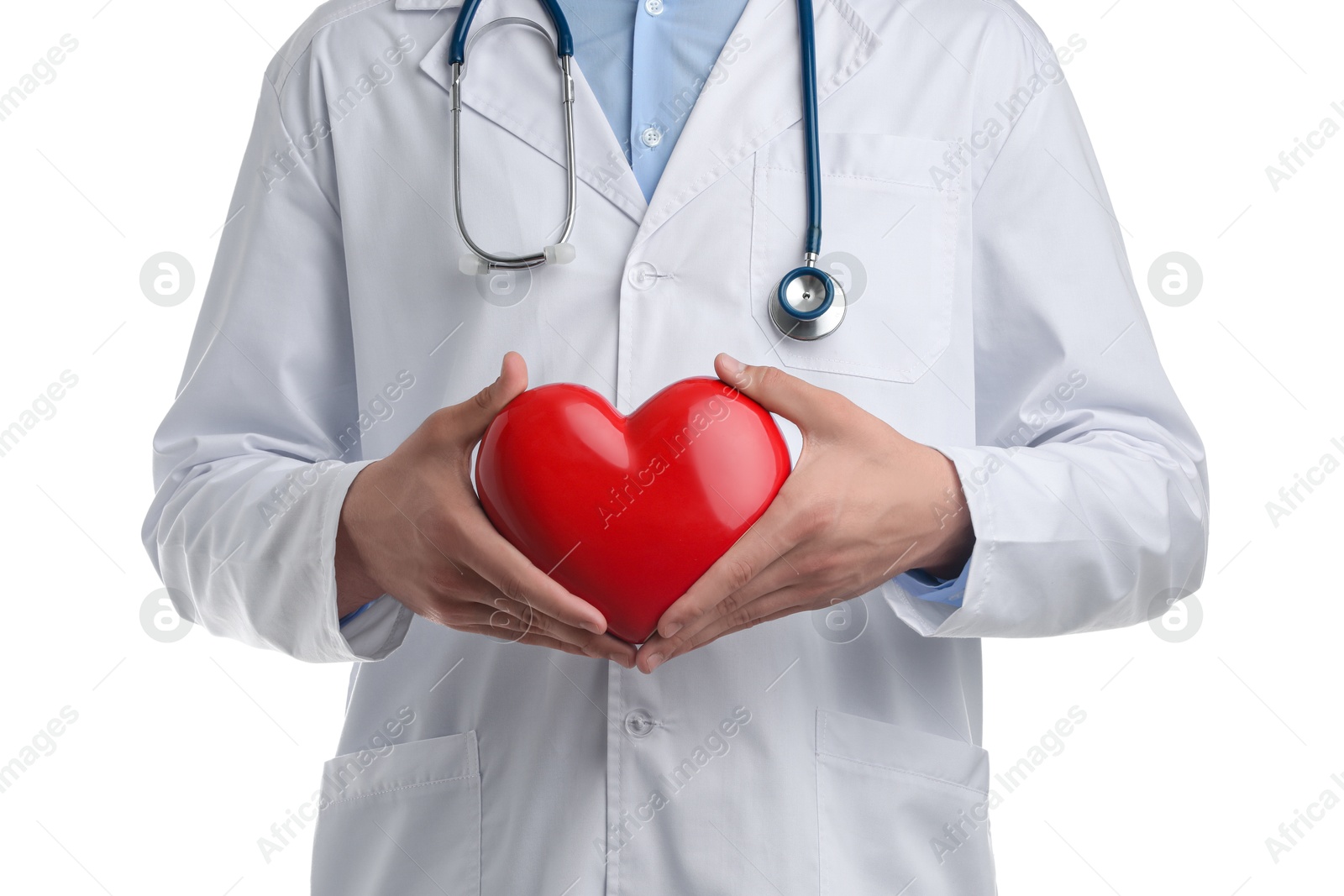 Photo of Doctor with red heart isolated on white, closeup