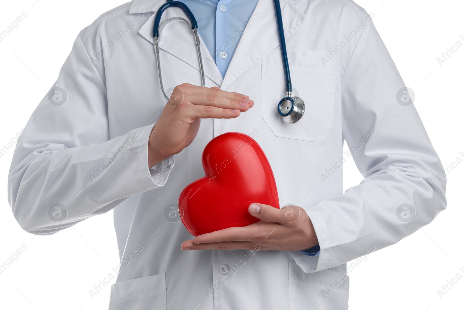 Photo of Doctor with red heart isolated on white, closeup