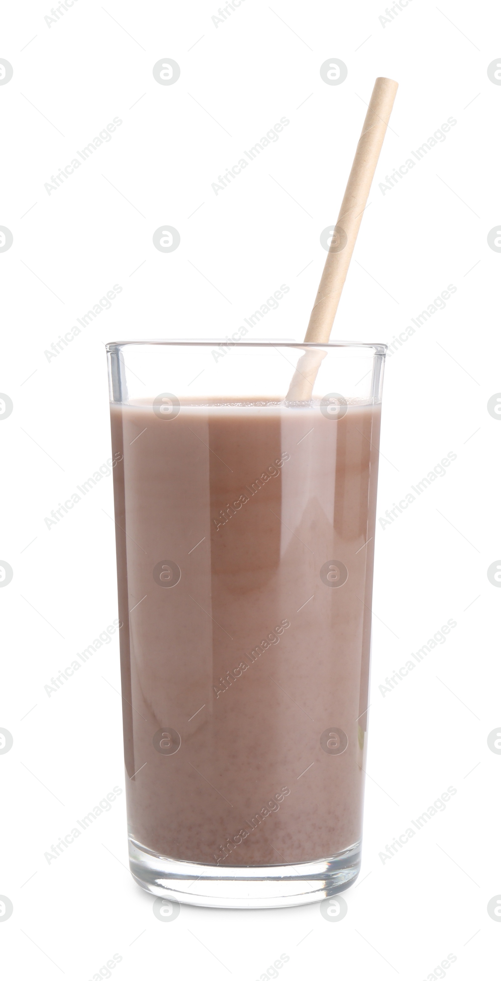 Photo of Delicious protein shake in glass and straw isolated on white