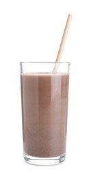 Delicious protein shake in glass and straw isolated on white