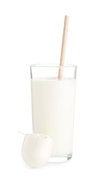 Delicious protein shake in glass and scoop with powder isolated on white