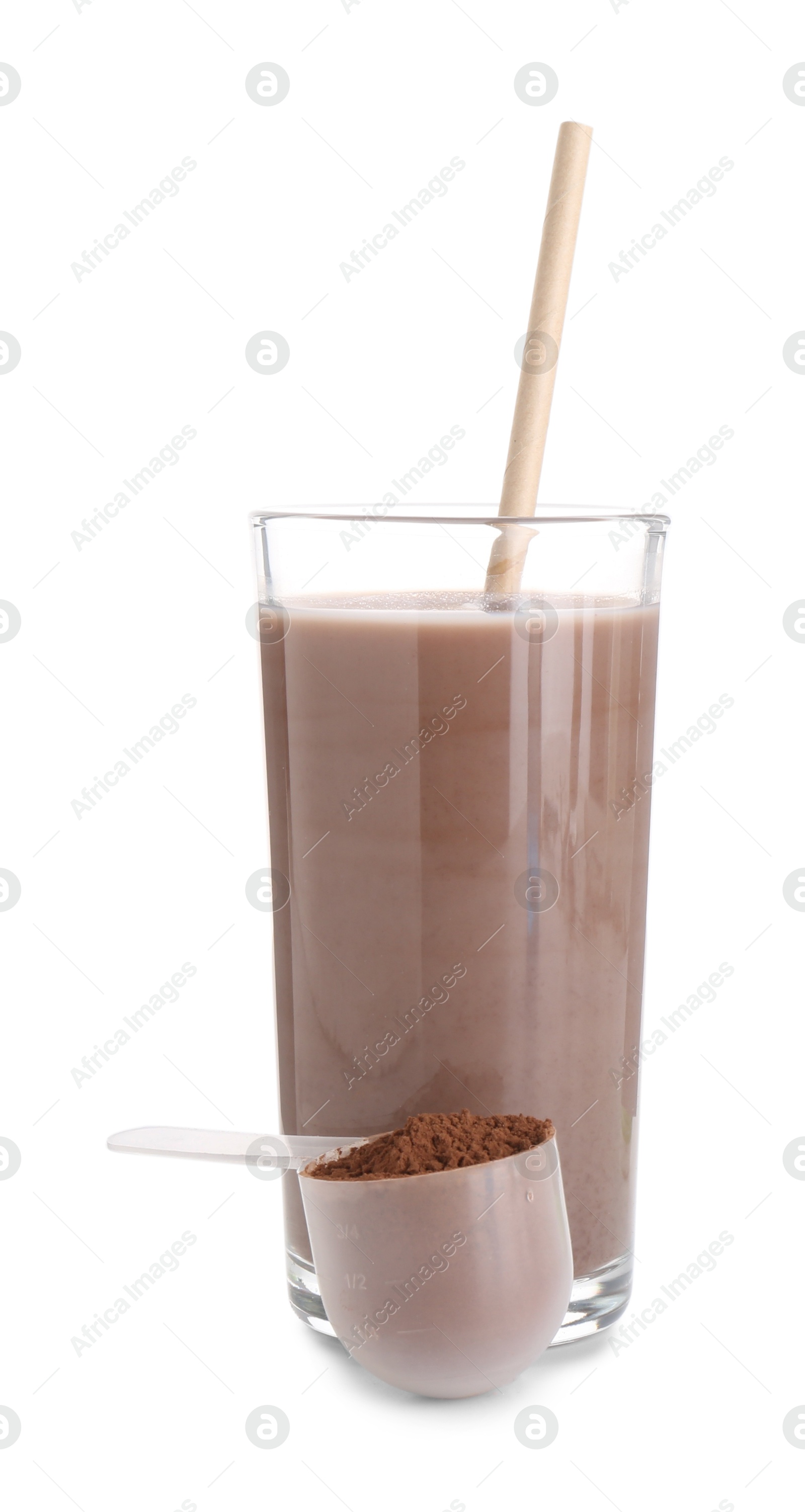 Photo of Delicious protein shake in glass and scoop with powder isolated on white