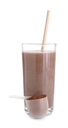 Photo of Delicious protein shake in glass and scoop with powder isolated on white