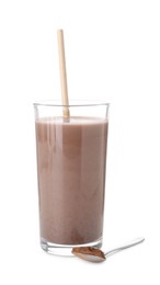 Photo of Delicious protein shake in glass and spoon with powder isolated on white