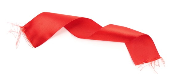 Photo of One beautiful red ribbon isolated on white, top view