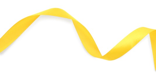 Photo of One beautiful yellow ribbon isolated on white, top view