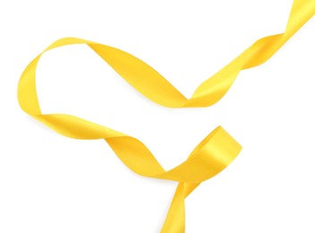Photo of One beautiful yellow ribbon isolated on white, top view