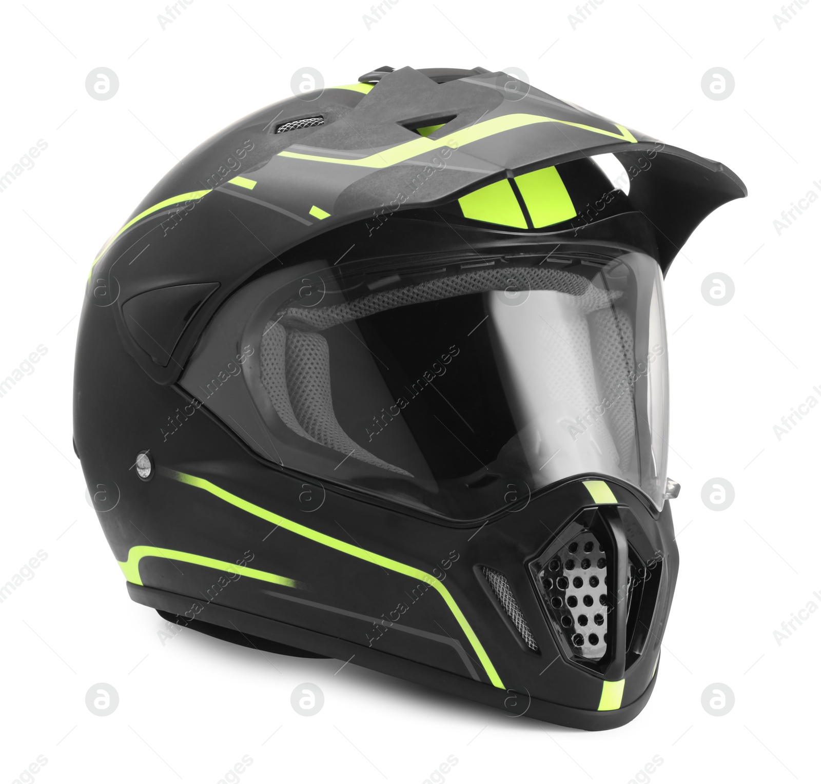 Photo of Modern motorcycle helmet with visor isolated on white