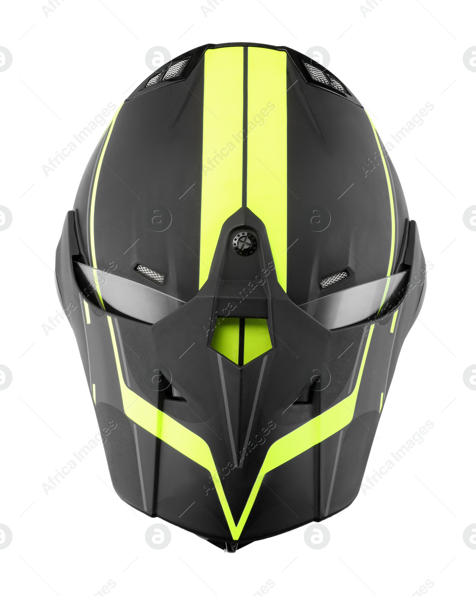 Photo of Modern motorcycle helmet with visor isolated on white, top view