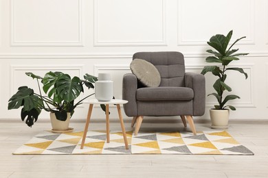 Soft armchair, coffee table and houseplants in stylish room