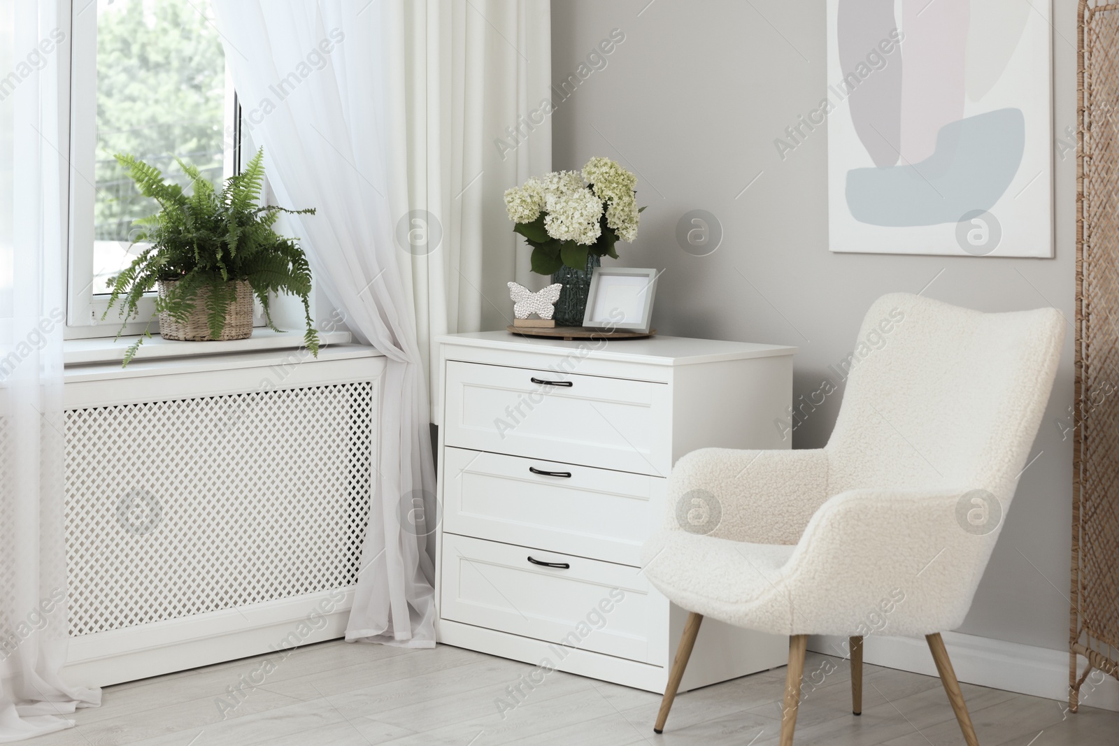 Photo of Soft armchair, chest of drawers, houseplant and window with curtains in room. Interior design