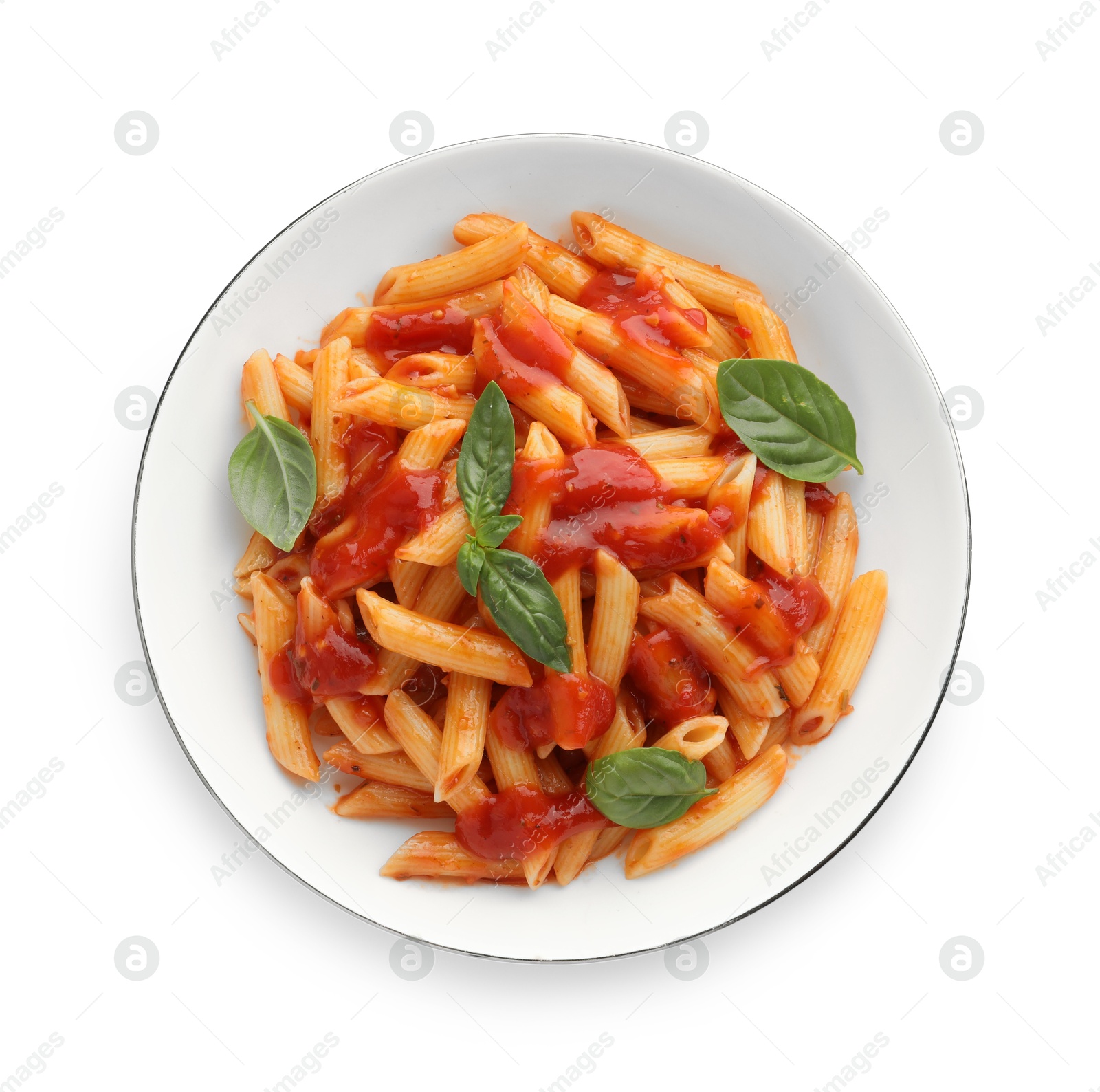 Photo of Delicious pasta with tomato sauce and basil in bowl isolated on white, top view