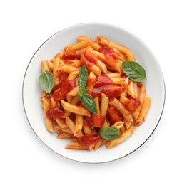 Photo of Delicious pasta with tomato sauce and basil in bowl isolated on white, top view