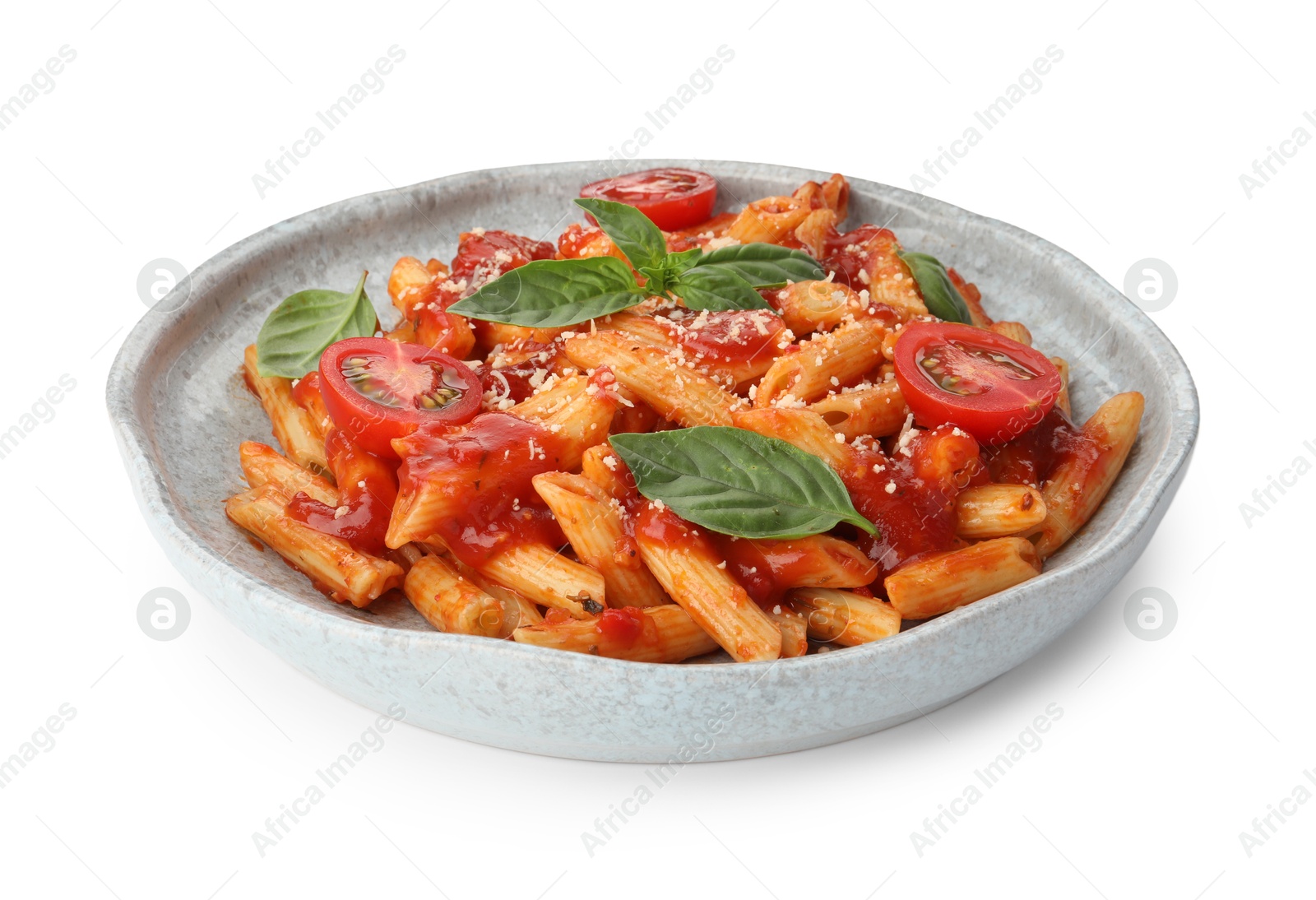 Photo of Delicious pasta with tomato sauce and basil isolated on white