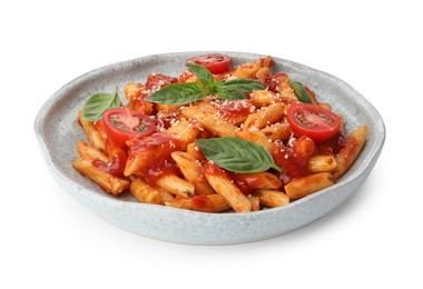 Photo of Delicious pasta with tomato sauce and basil isolated on white