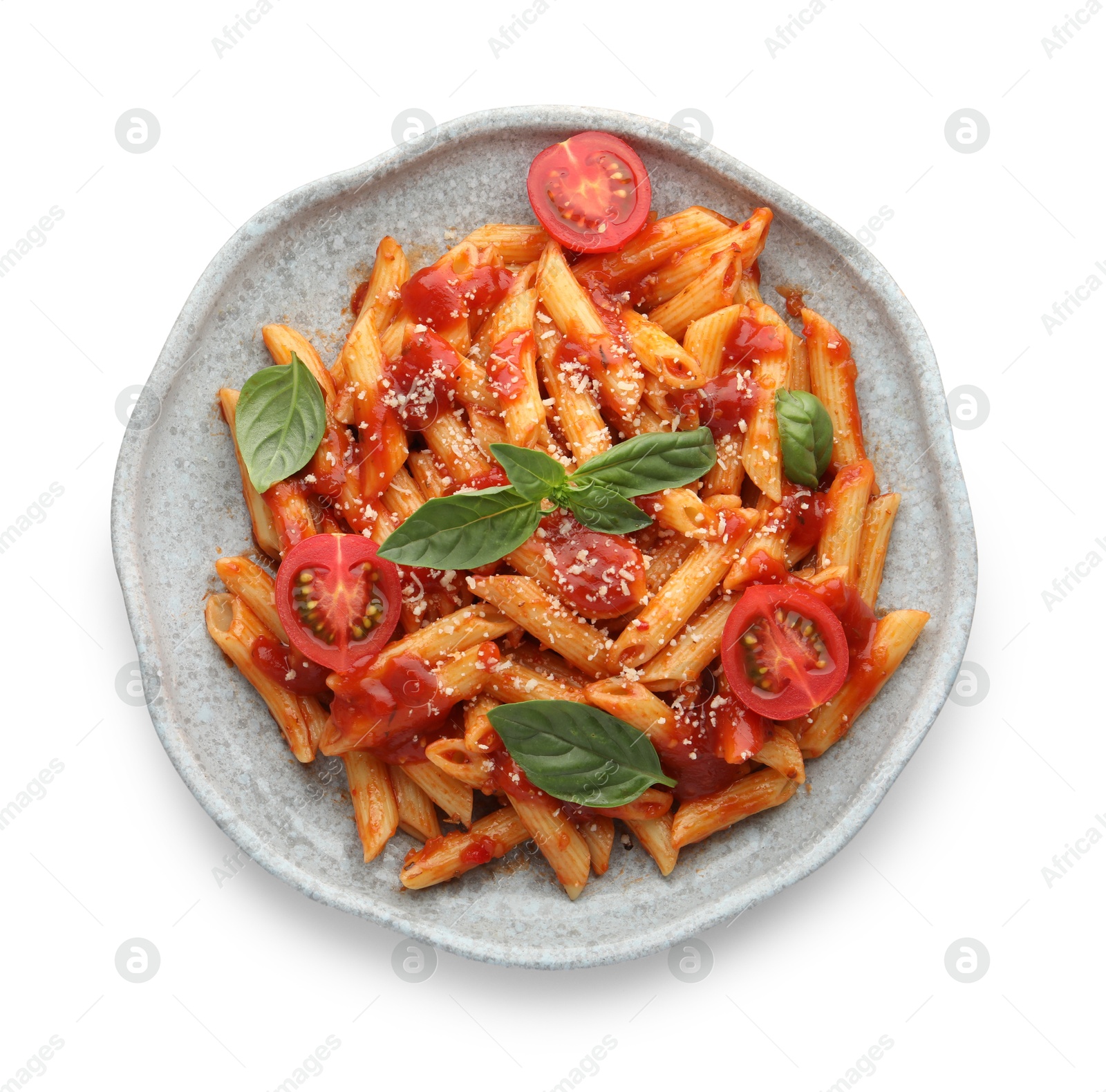 Photo of Delicious pasta with tomato sauce and basil isolated on white, top view