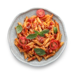 Photo of Delicious pasta with tomato sauce and basil isolated on white, top view