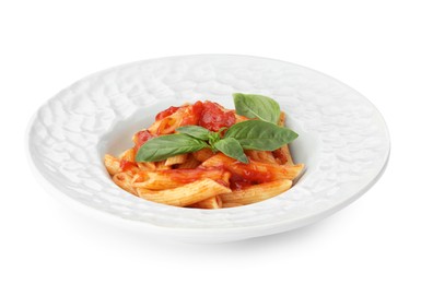 Delicious pasta with tomato sauce and basil isolated on white