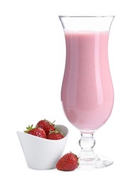 Photo of Tasty yogurt in glass and fresh strawberries isolated on white