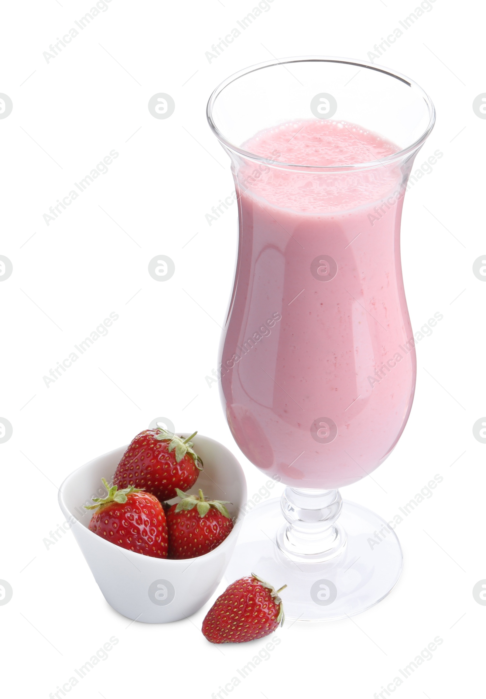 Photo of Tasty yogurt in glass and fresh strawberries isolated on white