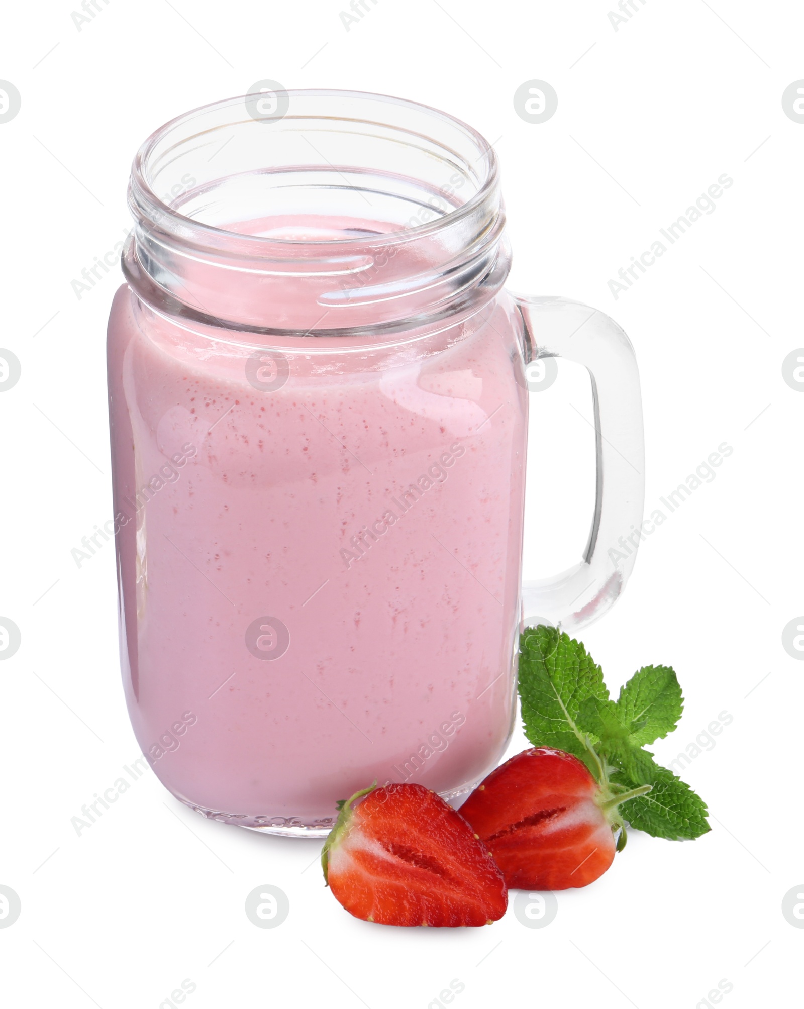 Photo of Tasty yogurt in mason jar, fresh strawberries and mint isolated on white