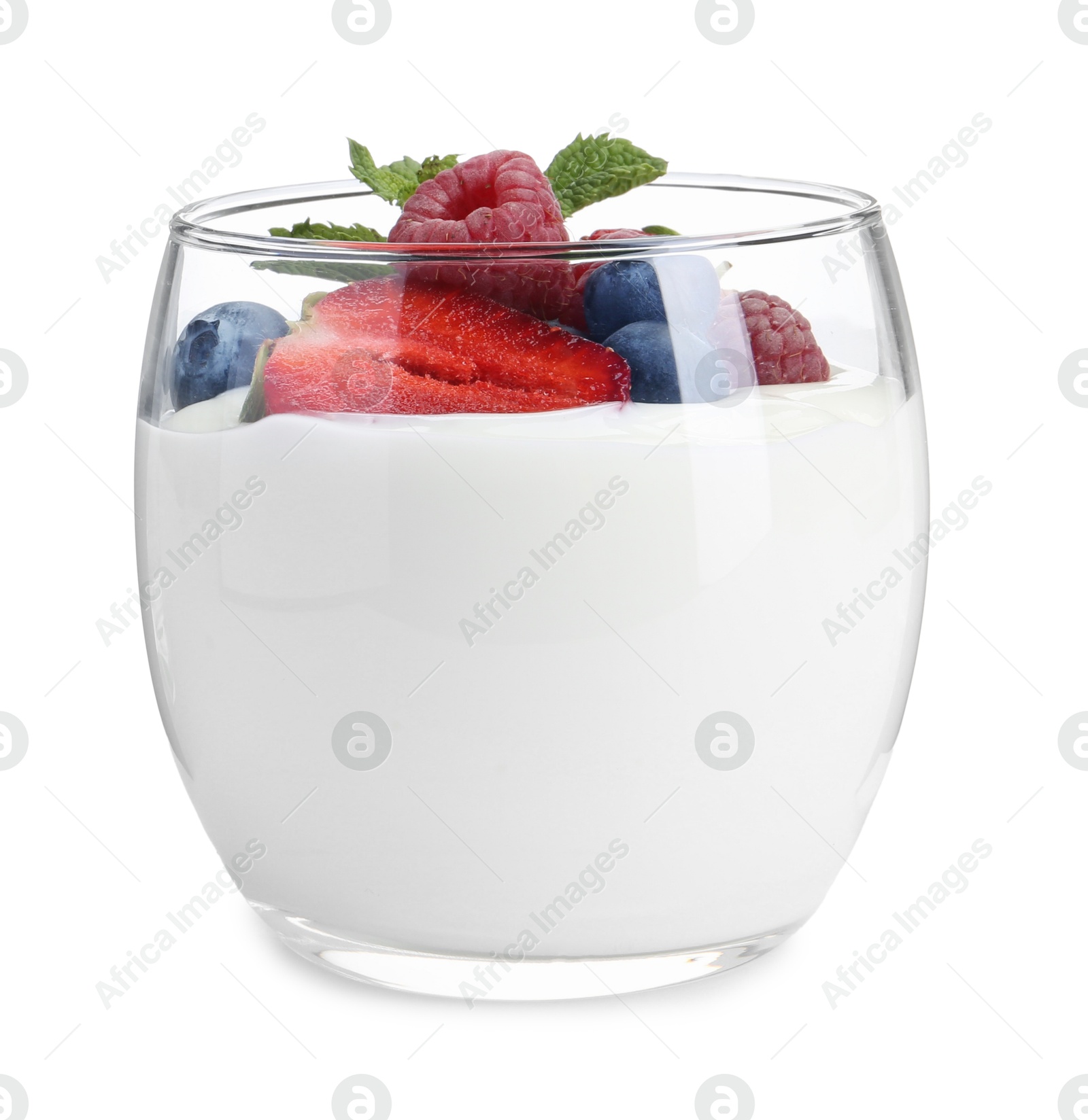 Photo of Tasty yogurt with fresh berries and mint in glass isolated on white