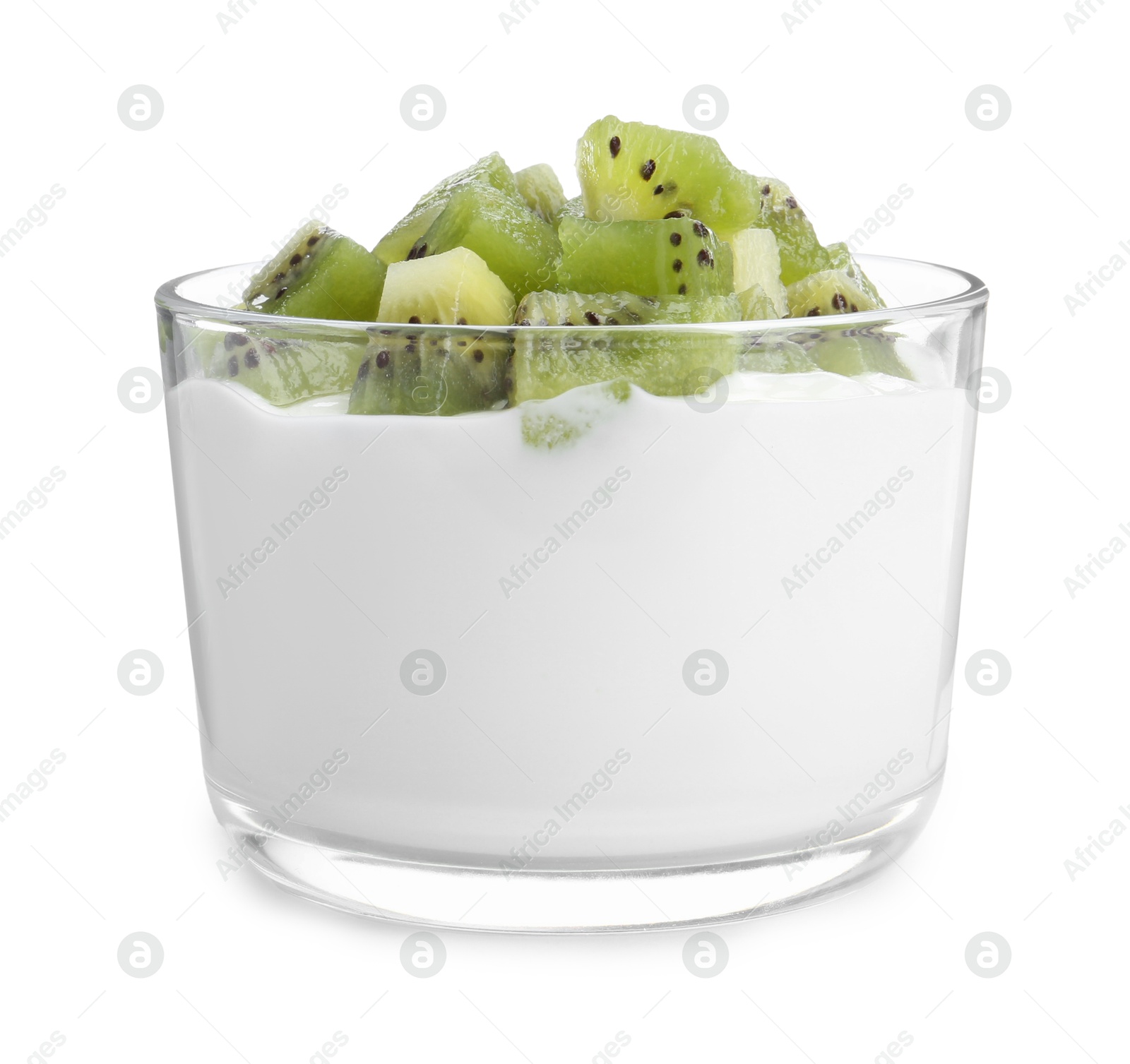 Photo of Tasty yogurt with fresh kiwi in glass isolated on white