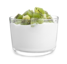 Photo of Tasty yogurt with fresh kiwi in glass isolated on white