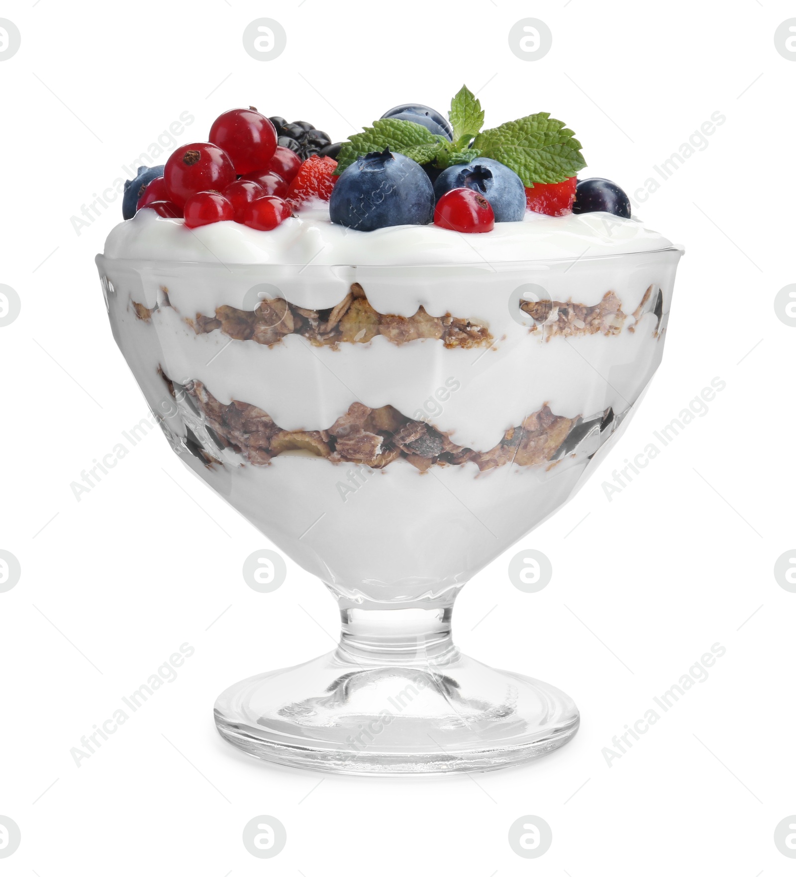 Photo of Tasty yogurt with fresh berries and mint in glass dessert bowl isolated on white