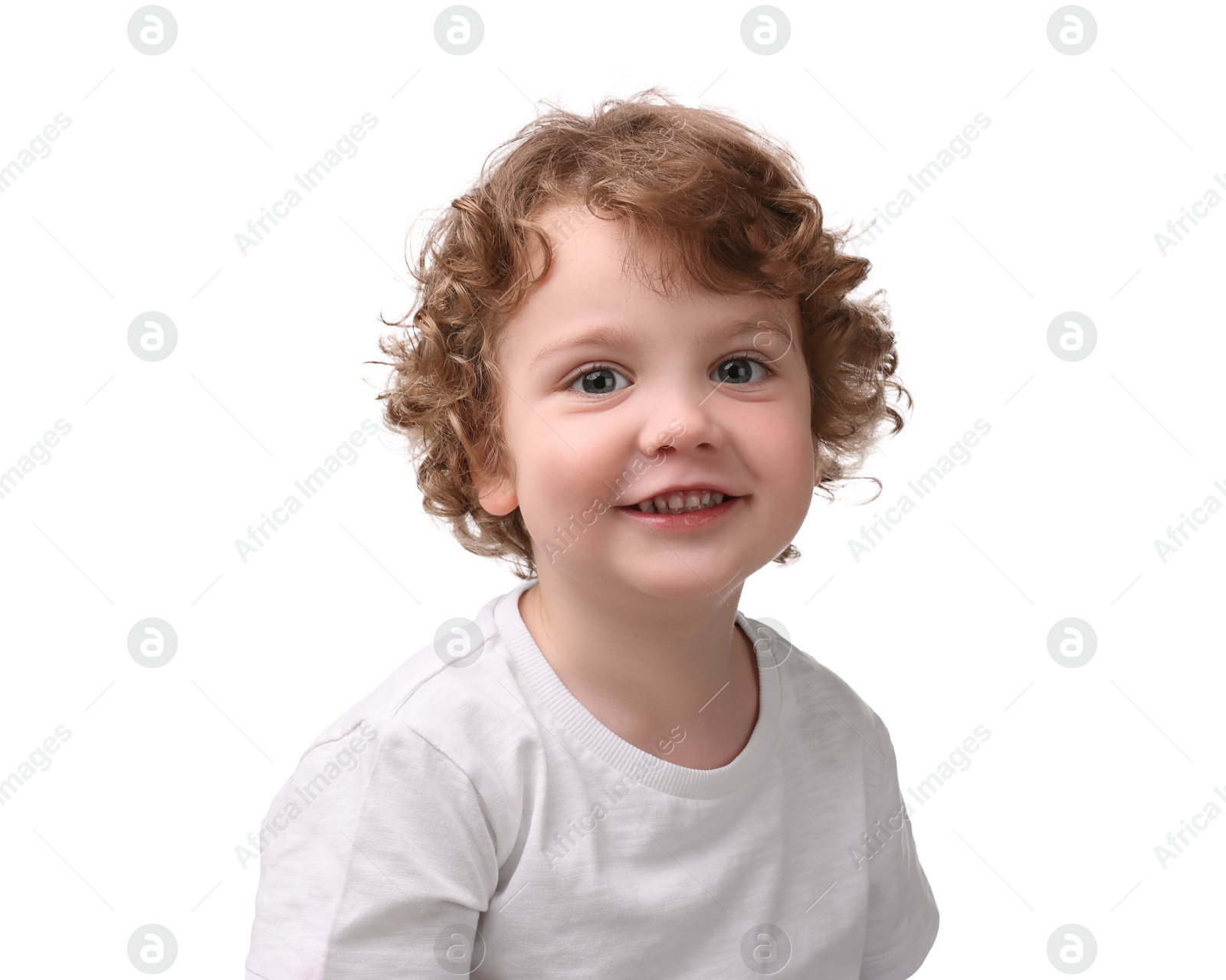 Photo of Portrait of cute little boy on white background