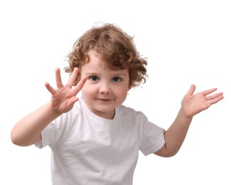 Portrait of cute little boy on white background