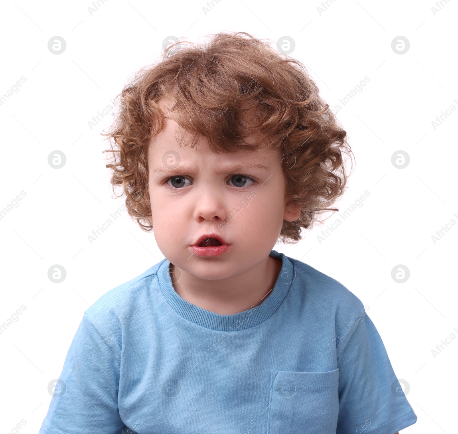 Photo of Portrait of emotional little boy on white background