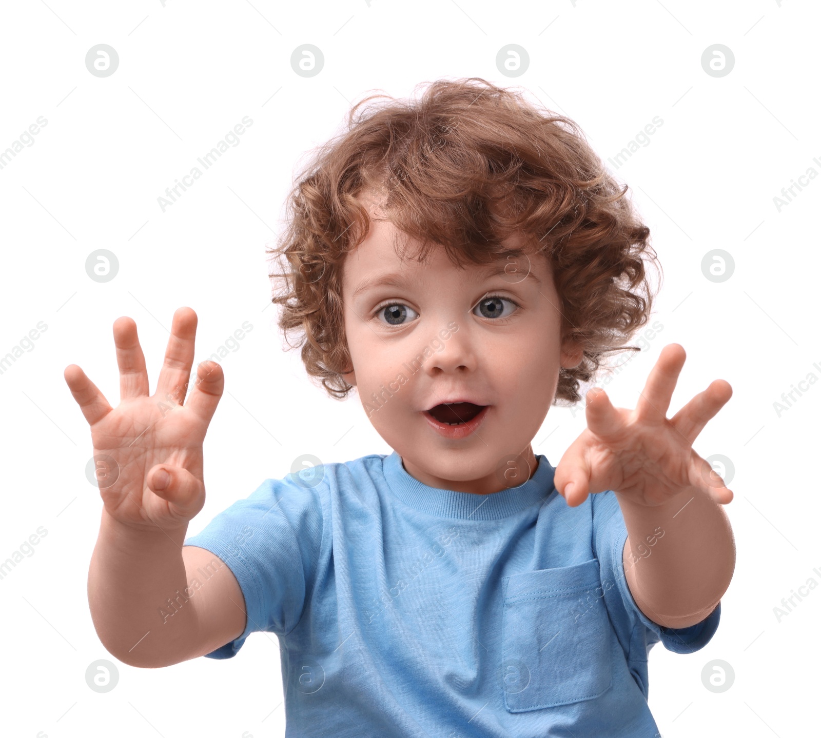 Photo of Portrait of emotional little boy on white background