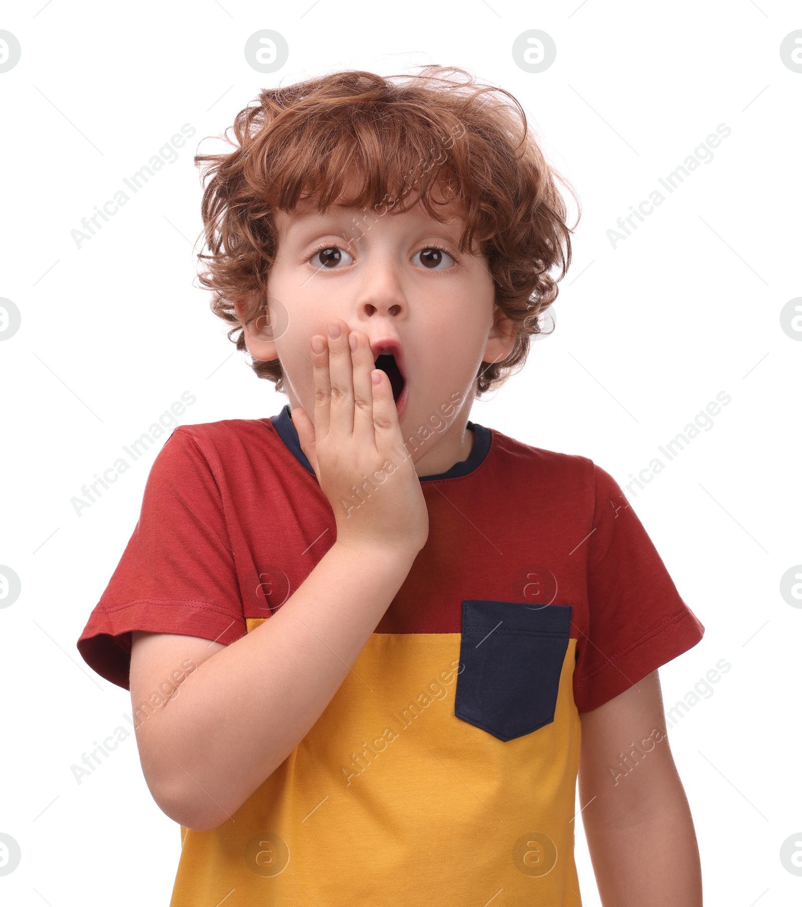 Photo of Portrait of emotional little boy on white background