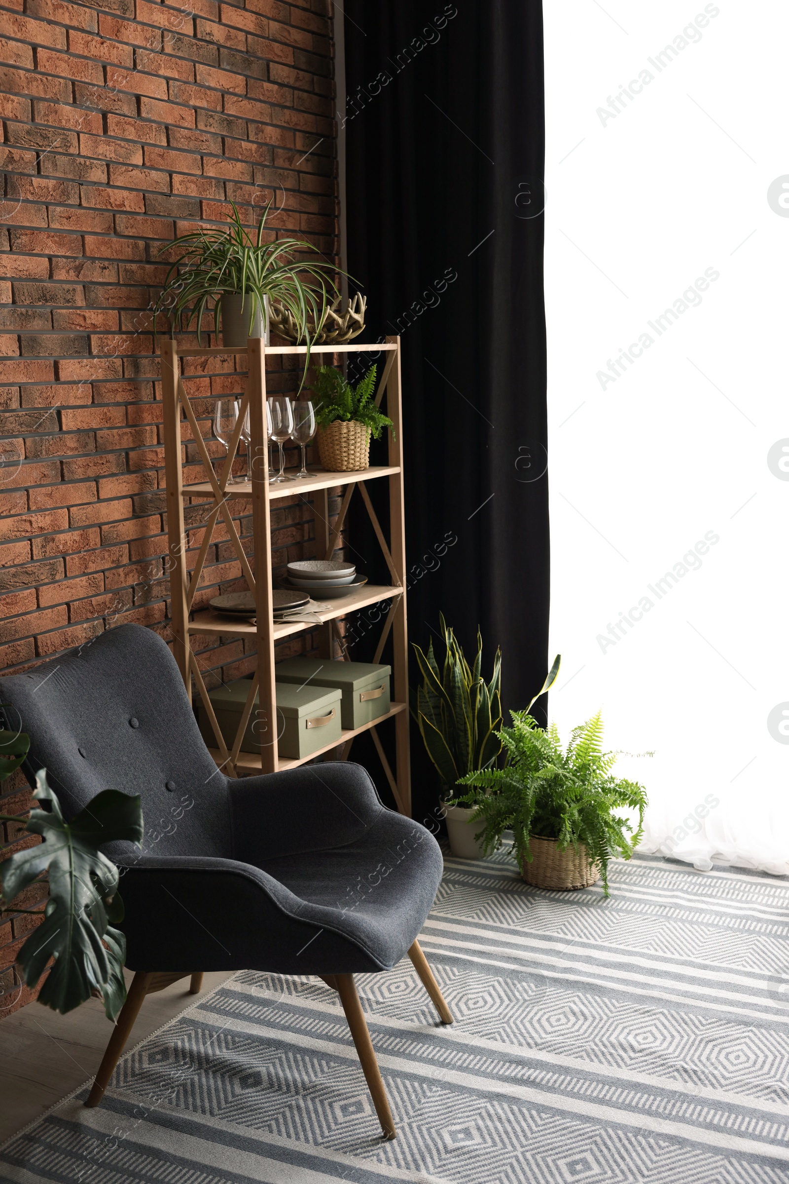 Photo of Shelving unit, green houseplants, armchair and elegant curtain in room. Interior design