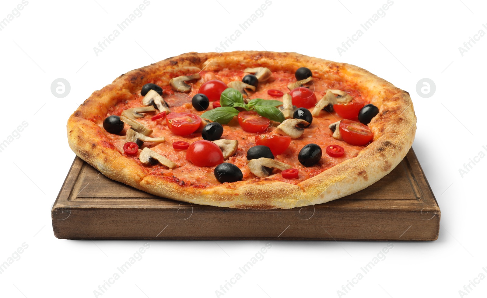 Photo of Delicious pizza with tomatoes, mushrooms, black olives and basil isolated on white