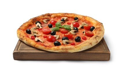 Delicious pizza with tomatoes, mushrooms, black olives and basil isolated on white