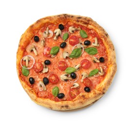 Photo of Delicious pizza with tomatoes, mushrooms, black olives and basil isolated on white, top view