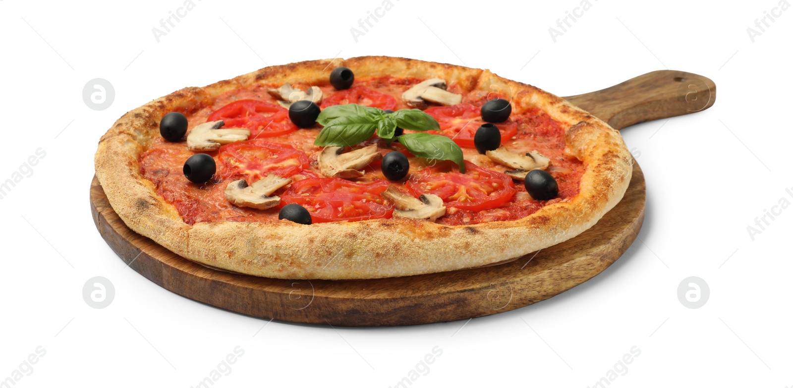 Photo of Delicious pizza with tomatoes, mushrooms, black olives and basil isolated on white