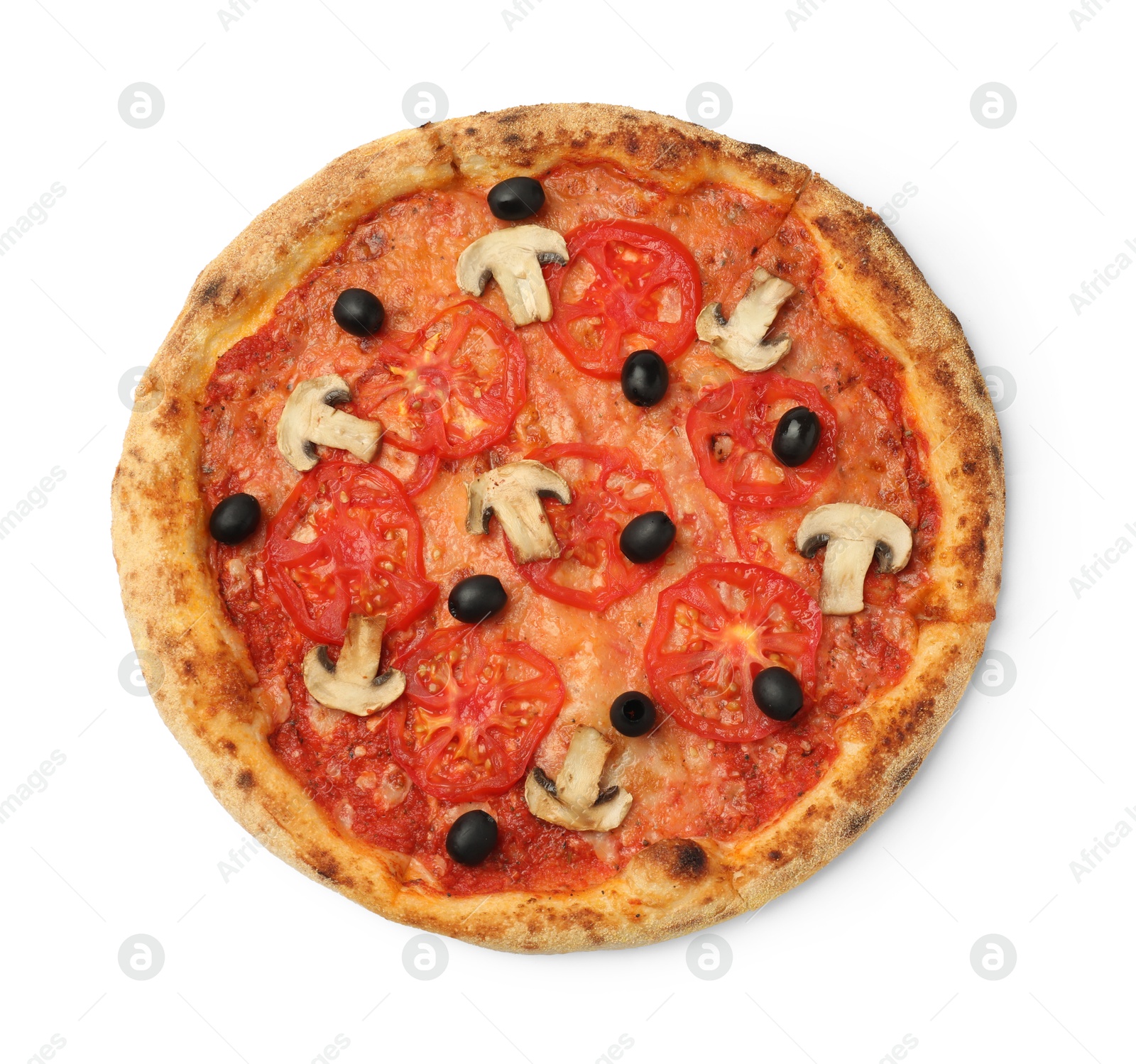 Photo of Delicious pizza with tomatoes, mushrooms and black olives isolated on white, top view