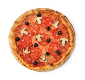 Photo of Delicious pizza with tomatoes, mushrooms and black olives isolated on white, top view