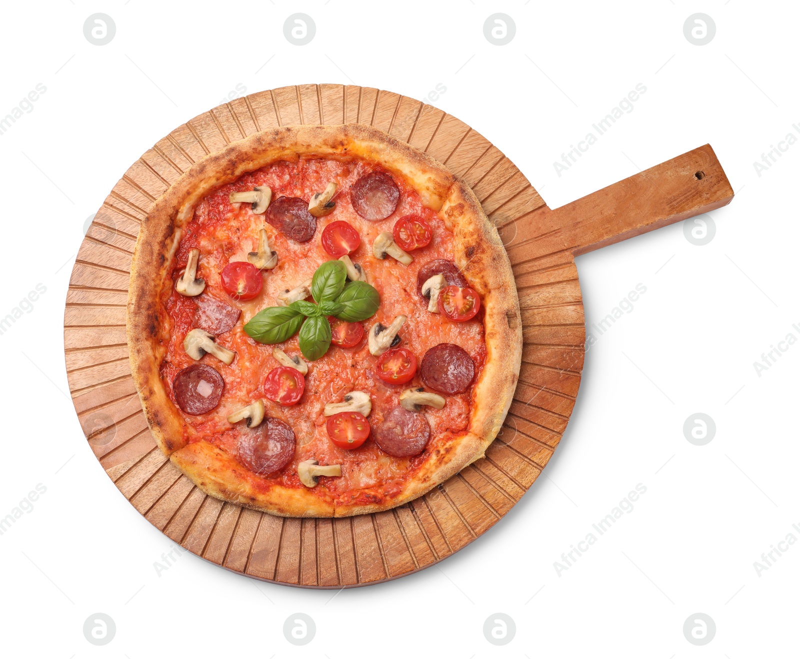 Photo of Delicious pizza with salami, tomatoes, mushrooms and basil isolated on white, top view