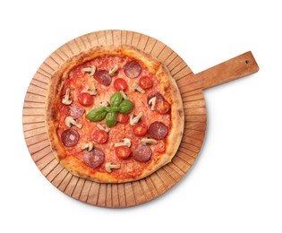 Delicious pizza with salami, tomatoes, mushrooms and basil isolated on white, top view