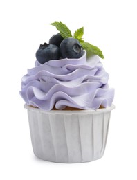 Photo of Tasty cupcake with blueberries and mint isolated on white