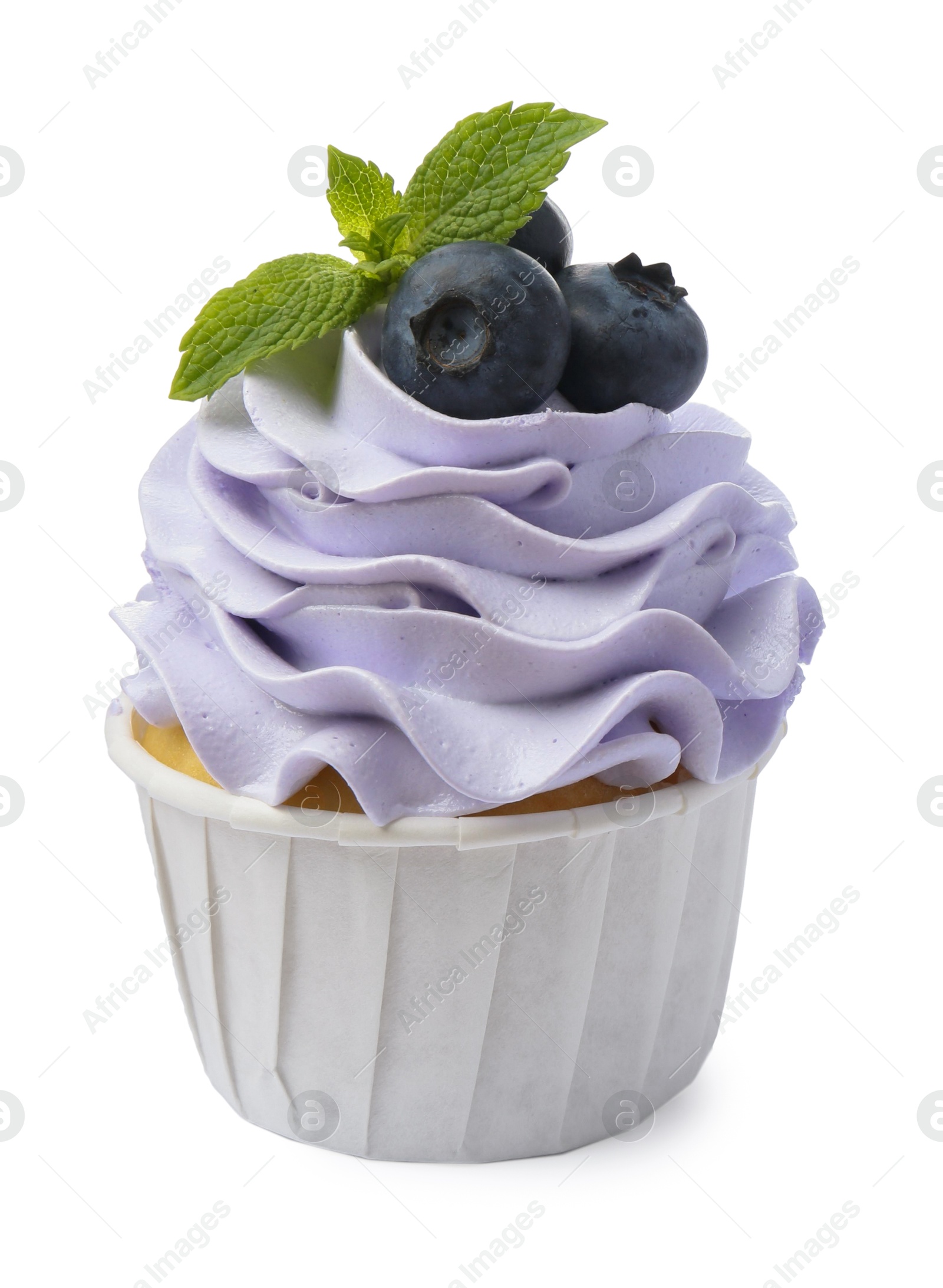 Photo of Tasty cupcake with blueberries and mint isolated on white