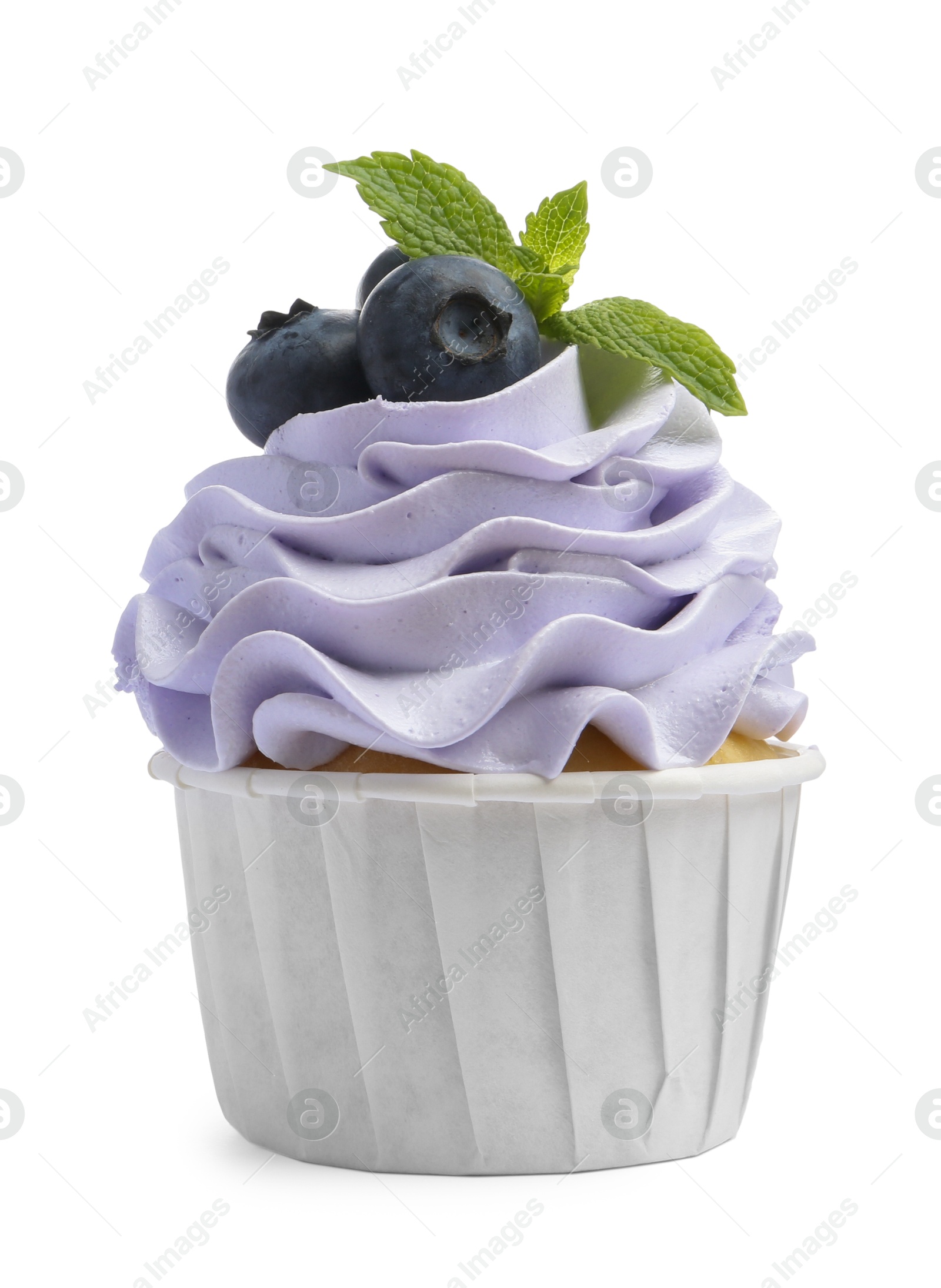 Photo of Tasty cupcake with blueberries and mint isolated on white