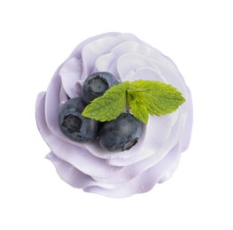 Photo of Tasty cupcake with blueberries and mint isolated on white, top view